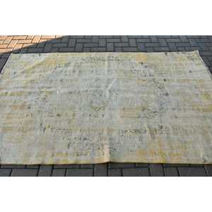 4.5x7.5 ft Vintage Rug, Turkish Area Rug, <b>Yellow</b> Check <b>Wool</b> Rug - Product Image 3