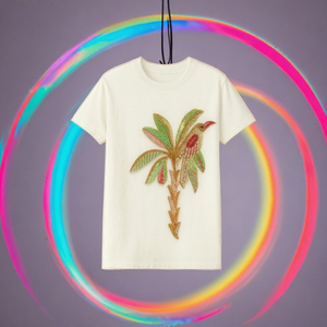 Camiseta blanca de algodón artesanal con cuentas de lujo para mujeres y niñas, boutiques y diseñadores Premium con cuentas y lentejuelas multicolores a la moda - Product Image 2