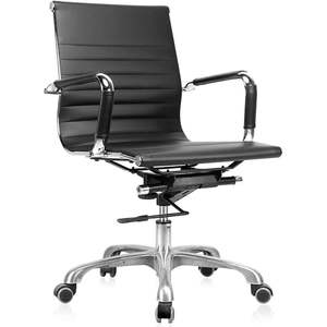 Chaise ergonomique contemporaine à dossier mi-haut en cuir PU noir, réglable en hauteur, pivotante, avec piètement en métal chromé nervuré, pour hôtels et bureaux - Product Image 1