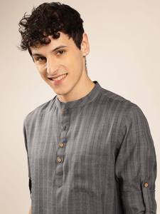 <b>men</b> striped printed pathani <b>kurta</b> straight short <b>kurta</b> polyester viscose mandarin collar long sleeves curved hem <b>kurta</b> for <b>mens</b> - Product Image 2