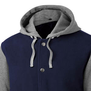 <b>Men's</b> Premium Varsity Hoodie Jacket | Navy Blue & Heather <b>Grey</b> Contrast Sleeves | <b>Fleece</b> Letterman Bomber Streetwear Outerwear - Product Image 4