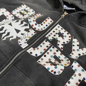 Personnalisé de Haute Qualité Soleil Délavé Lourd 400gsm Vintage 100% coton Fermeture Éclair Boxy Fit Zip up Strass Hoodie pour Hommes - Product Image 3