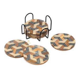 Vente chaude à la main en résine Coaster Set Classic White & Blue Wood and Resin Cup Coasters Lot de 4 accessoires de verres modernes - Product Image 3