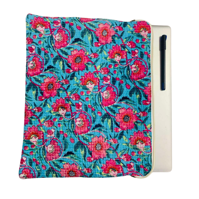 Block Printed Cotton Quilted Laptop Sleeve MacBook Case for Tablet Pro Handmade Laptop Cover Zipper Close 12x16 Inches Travel