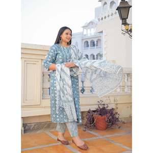 ชุด anarkali kurta พิมพ์ลายดอกไม้พร้อมกางเกงและชุด dupatta สีฟ้า - Product Image 5
