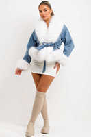Chaqueta Vaquera Azul Premium con Peluche Sintético Blanco, Diseño de Manga Larga y Abullonada para Mujer, para Todas las Temporadas, Cómoda, Venta al Por Mayor