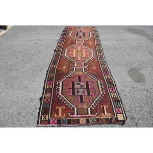 Alfombra Kilim Vintage de 39X118 pies, diseño de retazos marrón y rosa, Alfombra de yute de lana tejida plana para el hogar, sala de estar, pasillo rectangular - Product Image 1