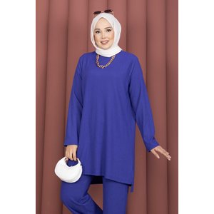 Conjunto de Dos Piezas Azul Marino de Tela Acanalada con Abertura Lateral, Pantalones Tipo Túnica, Cuello con Capucha, Corte Acampanado, Uso Diario, Holgado, Corto, para Invierno/Verano - Product Image 2