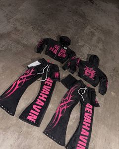 OEM Manufacturer Cotton French Terry Screen Printing Rhinestone & <b>Distressed</b> Embroidery Streetwear Zipper <b>Top</b> Quality Tracksuit - Product Image 4