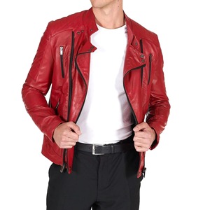 Veste de motard en cuir rouge premium pour homme, plusieurs fermetures éclair, design asymétrique élégant à l'avant, tendance, enduite - Product Image 3