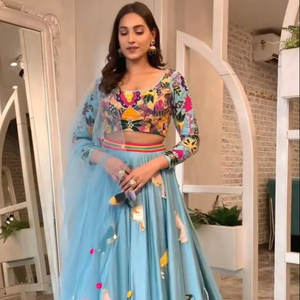 DESIGNER PARTY WEAR LOURDE GEORGETTE CHINE SEQUNCE WORK LEHENGAS AVEC FILET LOURD DUPATTA - Product Image 1