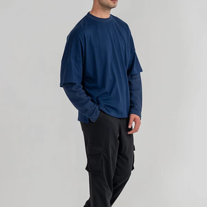 T-shirt à manches longues double couche de haute qualité personnalisé par le fabricant OEM pour hommes, ensemble décontracté surdimensionné avec impression sérigraphique - Product Image 5