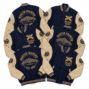 Chaqueta Bomber Varsity de Lana para Fabricación a Granel con Bordado de Estructura de Madera de Catedral, Abrigo Letterman Negro con Mangas de Cuero Beige - Product Image 3