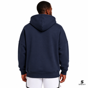 <b>Men's</b> <b>Navy</b> Blue Hooded Sweatshirt Cotton Fleece Regular Fit Front Logo Pocket Design Casual Winter Digital Printing Breathable - Product Image 2