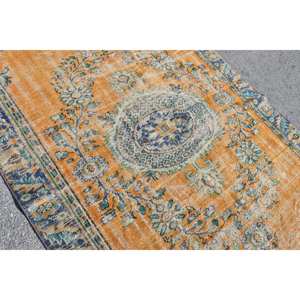 Tapis Oriental en Laine Bleu Orange 5.7X9.9 pieds Vintage Turc Design Plat Tissage Patchwork pour Salon Couloir Décorations Latex - Product Image 5