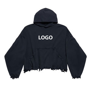 Oversize Sun Faded Acid Washed Distressed Streetwear Hoodie Shine Stone Raw Hem Hidden Pocket 100% Cotton Sudaderas con capucha para hombre - Product Image 3