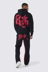 <b>Men's</b> Lightweight Solid Stacked Tracksuit with Puff Printing Logo 100% Cotton <b>Flared</b> <b>Trouser</b> Boxy Hoodie Plus Size Winter - Product Image 2