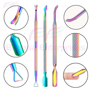 Empujadores de cutículas de uñas de color arcoíris Limpiador de uñas de doble cara de acero inoxidable Herramienta de manicura y pedicura - Product Image 5