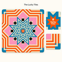 The Lucky Tiles Tapis de Mahjong Américain, Nappe Carrée, Imprimé Géométrique Étoilé Bleu, Rose et Orange, pour Soirées Jeux et Accessoires de Table