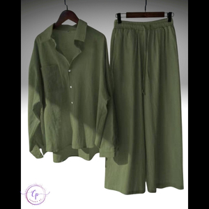 Conjunto combinado de mezcla de algodón de 2 piezas para mujer-Camisa suelta y pantalones de pierna ancha - Product Image 5