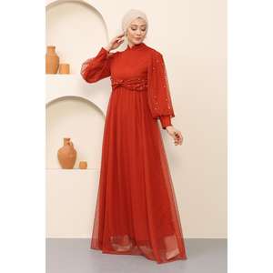 อาบายะลายจุดเก๋ไก๋สีแดงอิฐ แต่งดีเทลผ้าทูลที่เอว ความยาวแบบแม็กซี่-MSW12238-4 - Product Image 4