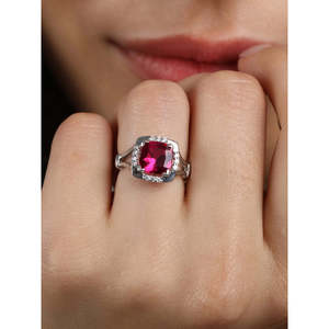 NOVAMART Fine 925 Sterling Silver Blood Red Cushion <b>Ring</b> <b>Adjustable</b> Band Rhodium Plated Oval Cut for Swiss Zirconia Gift Women G - Product Image 4