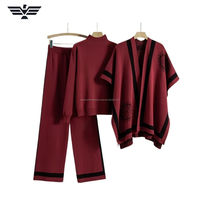 Ensemble tricoté 2 pièces pour femme, couleur unie, sans col, coupe ample, brodé, décontracté, pour l'été, rouge avec bordure noire