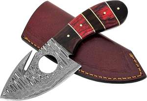 Cuchillo de caza de acero de Damasco con gancho de tripa hoja fija Funda de cuero supervivencia para acampar al aire libre compatible con OEM - Product Image 2