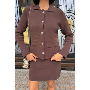 Women's Steel Knit <b>Sweater</b> <b>Skirts</b> Set with Shirt Collar and Pocket Detail 10215 - Product Image 1