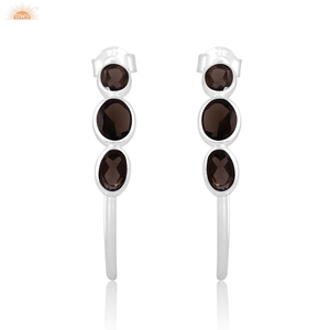 Pendientes de boda de estilo de aro de piedras preciosas marrones con forma ovalada ahumada, joyería de aro de diseñador de Plata de Ley 925 - Product Image 2