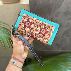 Gran oferta, bolso de mano de cuero tallado a mano, bolso de mano, flor de Color turquesa, multiusos, billetera de gran oferta para mujer - Product Image 1
