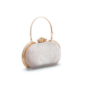 Golden Fancy Half-Moon Evening Clutch P15071 Forro de satén con decoración de cadena de plumas acrílicas para fiestas y eventos - Product Image 2