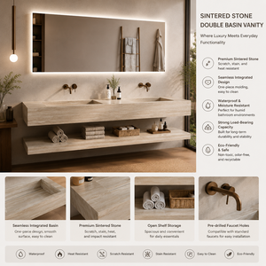 Maßgefertigtes Wandmontiertes Badezimmer-Waschtischset aus Mineralwerkstoff Nahtloses Doppelwaschbecken Travertin-Waschbecken Modern Minimalistisch - Product Image 3