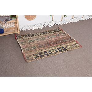 Classic Beige and <b>Black</b> Handmade Vintage Turkish Wool <b>Rug</b> 3.3 X 4.2 ft Rectangular Patchwork Design for Bedside Latex Backing - Product Image 2