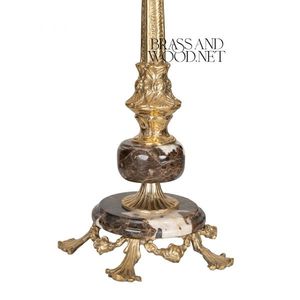 Antique brass table lamp with tall artistic stem <b>and</b> elegant fabric shade featuring a classic <b>decorative</b> base for luxury <b>home</b> - Product Image 2