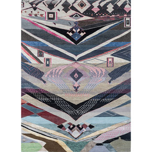 Tapis géométrique noué à la main en laine et soie de bambou Manchaha, rectangulaire, épaisseur 10 mm, pour salon, couloir - Les-1193 Gris & Noir - Product Image 1