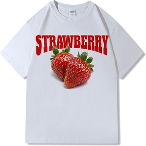 Camiseta gruesa de algodón grueso con estampado de frutas sueltas para hombre, cuello redondo con estampado de letras de manga corta estético Unisex - Product Image 1