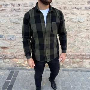 Chemise décontractée élégante pour homme, en satin, à manches longues, à double boutonnage, à carreaux, style shacket, streetwear, vêtement d'extérieur, écologique - Product Image 6