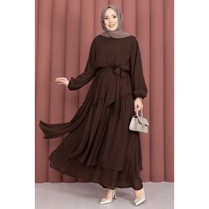 Vestido Asimétrico de Gasa con Volantes, Estilo Modesto con Cintura Imperio, Color Marrón - Product Image 3