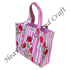 Bolso de compras bohemio hecho a mano respetuoso con el medio ambiente, resistente, sostenible, acolchado, algodón, estampado a mano, reversible, bolso de mano floral indio - Product Image 1