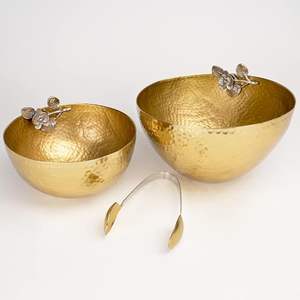 ชุดชามทุบสลัดรูปดอกไม้สีทอง2ชิ้นพร้อมที่คีบทองเหลืองชุบผิวสำเร็จผลิตในอินเดีย - Product Image 1