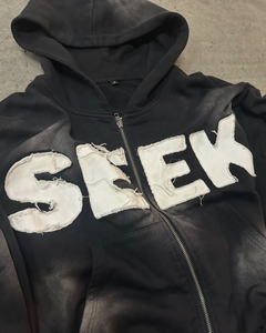 Conjunto de Sudadera con Capucha y Pantalones Deportivos de Poliéster/Algodón con Lavado Ácido, Bordado, Pierna Ancha, Estilo Patchwork, Desgastado, para Invierno - Product Image 3