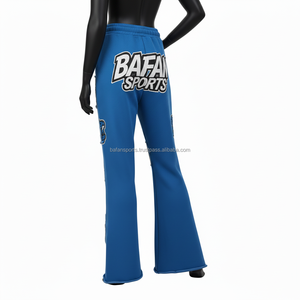 Pantalones acampanados azules para mujer, 320 GSM, tela de forro polar suave y elástica, diseño de paneles con bordado, opción de logotipo personalizado - Product Image 5