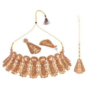 Collier ras du cou en cristal Boucles d'oreilles Mang Tikka Ensemble de bijoux de mariée pour femmes, fabriqués en gros, marron - Product Image 4