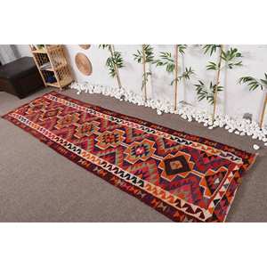 Alfombra Kilim Roja turca Vintage, alfombra clásica de yute de 3,1x10,5 pies con patrón de retazos, técnica de tejido plano con respaldo de látex - Product Image 2