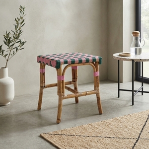 Handcrafted Rattan Pouf <b>Stool</b> Woven Brown Synthetic Strap Seat Bistro Ottoman <b>Vanity</b> Chair Indoor Outdoor Modern Portable - Product Image 4