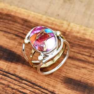 Anillo de Plata de Ley 925 con Bisel Turquesa y Dalia Rosa Kingman, Diseño Multibanda de Dos Tonos, Estilo Bohemio, Unisex - Product Image 4
