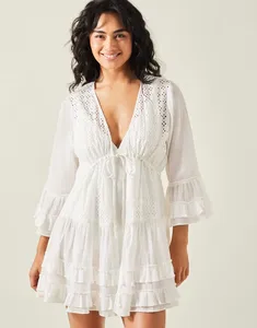 ชุดเดรสผ้าเรยอนสำหรับผู้หญิงสำหรับใส่ไปทะเลชุดเดรสจีบสั้นพร้อมแขนกระดิ่งสำหรับใส่ในวันหยุดและวันหยุดฤดูร้อน - Product Image 4