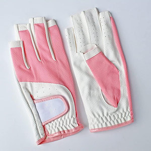 Pink White Breathable Mesh Genuine <b>Leather</b> Golf Gloves Unisex Sports Half Finger Design Pull on Closure - Product Image 5