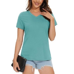 T-shirt à manches courtes personnalisé 100% coton gris vert couleur col V coupe régulière pour femmes avec prix d'usine direct du Bangladesh - Product Image 1